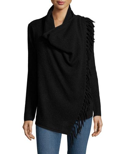 Cashmere Draped-front Fringed Cardigan, Black