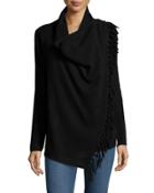 Cashmere Draped-front Fringed Cardigan, Black