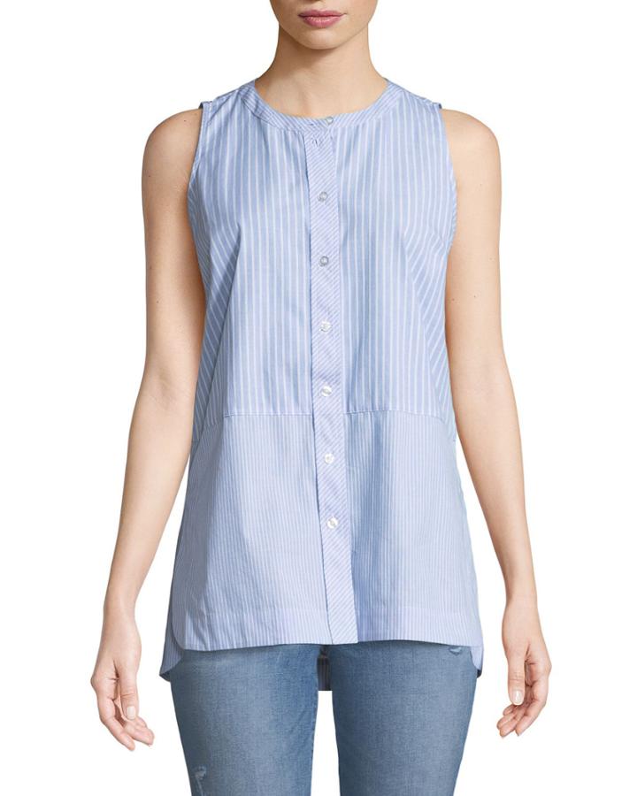 Mixed-stripe Sleeveless Button-front Blouse
