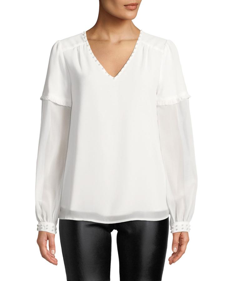 Pearly Flowy Ruffle-sleeve Blouse