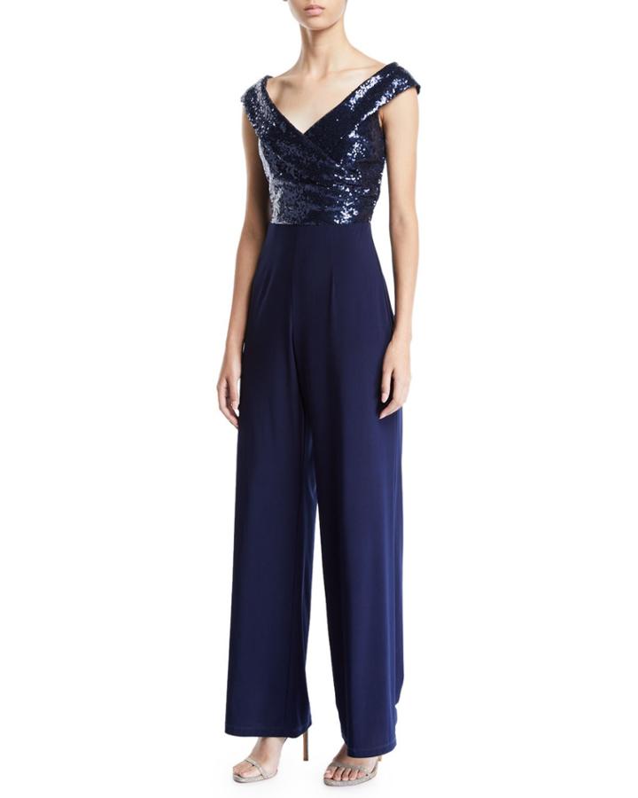 Sequin Faux-wrap V-neck Jumpsuit