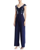 Sequin Faux-wrap V-neck Jumpsuit