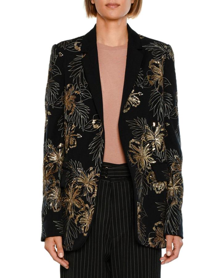 Single-breasted Wool Cocktail Blazer With Sequined Embroidery