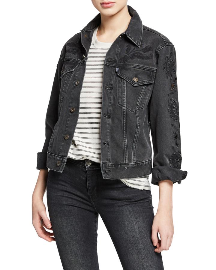 Embroidered Button-front Cutout Boyfriend Trucker Jacket