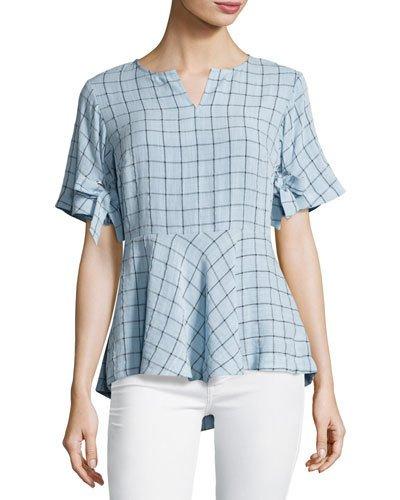 Short-sleeve Plaid Peplum Top, Blue/black