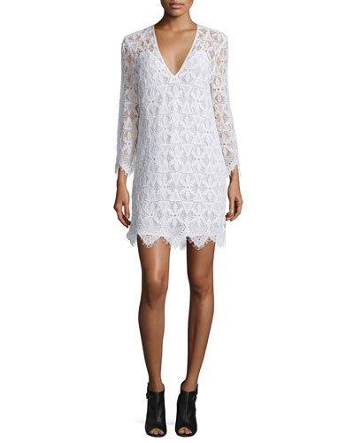 Lace Long-sleeve Sheath Dress, Blanc