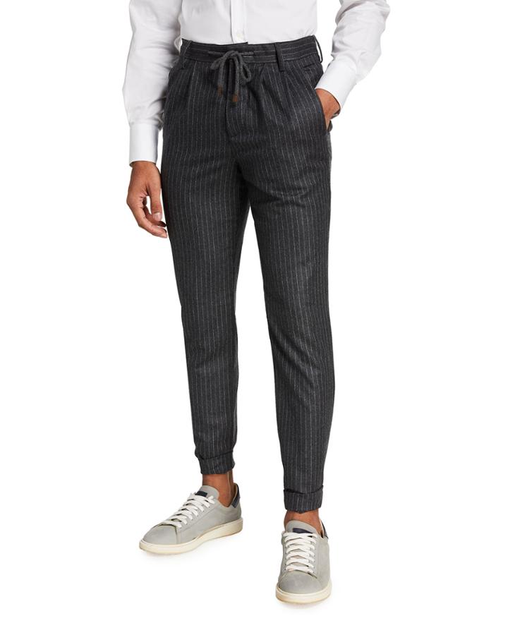 Men's Pleated Drawstring Pinstriped Trousers