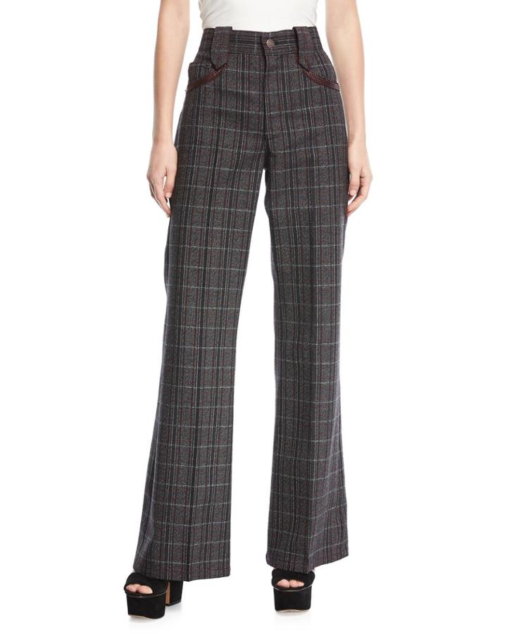 Wide-leg Plaid Pants W/ Leather-trim Pockets