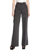 Wide-leg Plaid Pants W/ Leather-trim Pockets