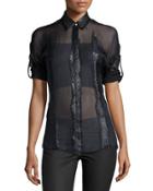 3/4-sleeve Sheer Blouse, Black