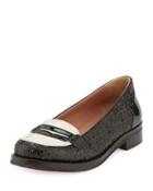 Patent-trim Glitter Penny Loafer, Black/ivory