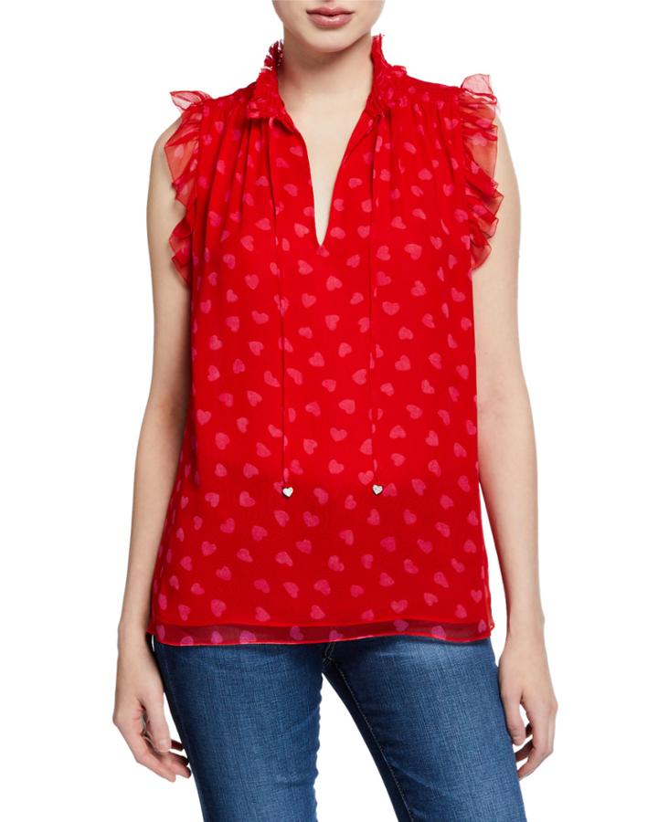 Heartbeat Mock-neck Sleeveless Silk Top With Ruffle Trim