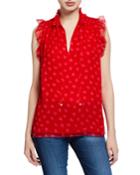 Heartbeat Mock-neck Sleeveless Silk Top With Ruffle Trim