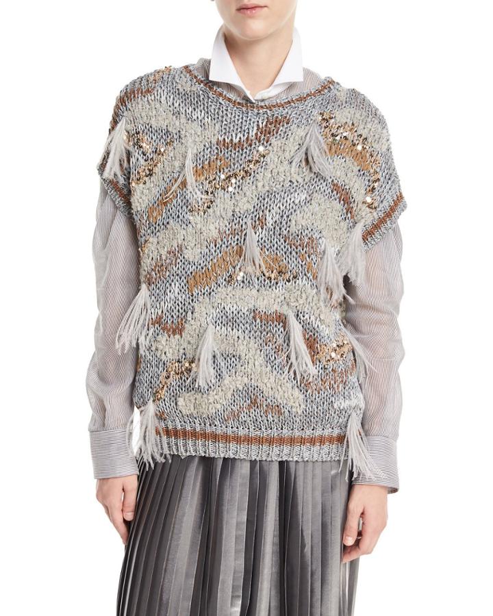 Waxed Cotton-linen Cap-sleeve Flame-tribal Pattern Pullover