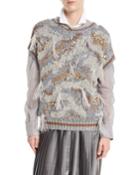 Waxed Cotton-linen Cap-sleeve Flame-tribal Pattern Pullover
