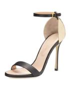 Metallic Ankle-wrap Sandal, Black/gold