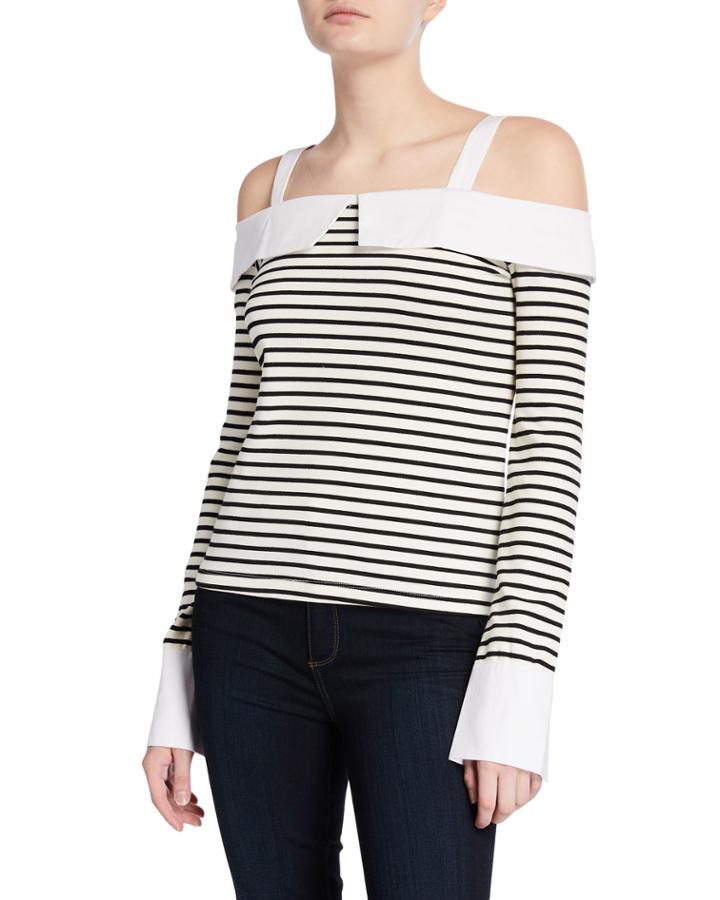 Striped Cold-shoulder Foldover Top