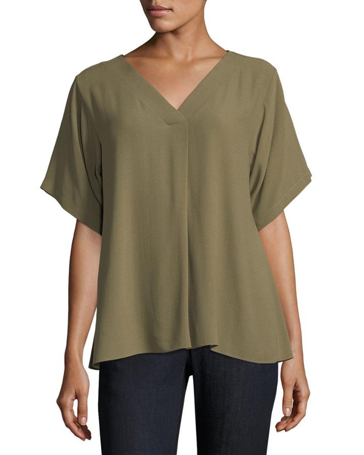 Short-sleeve V-neck Crepe Blouse,