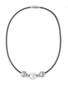 Storm Triple Pearl Leather Cord Necklace, White/gray