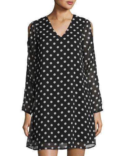 Polka-dot Cold-shoulder Dress, Black/white