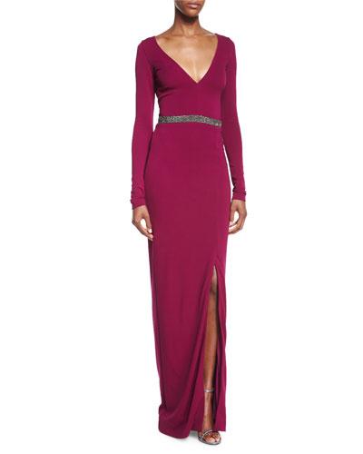 Long-sleeve Beaded Column Gown