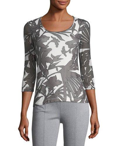 3/4-sleeve Palm Leaves Print Top