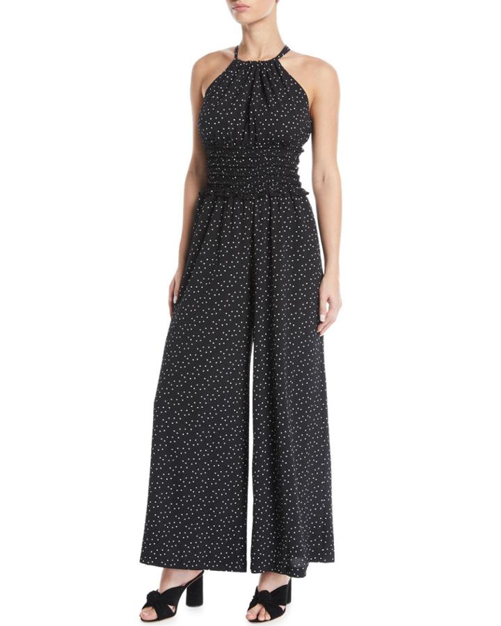 Halter-neck Polka Dot Smocked Wide-leg Jumpsuit
