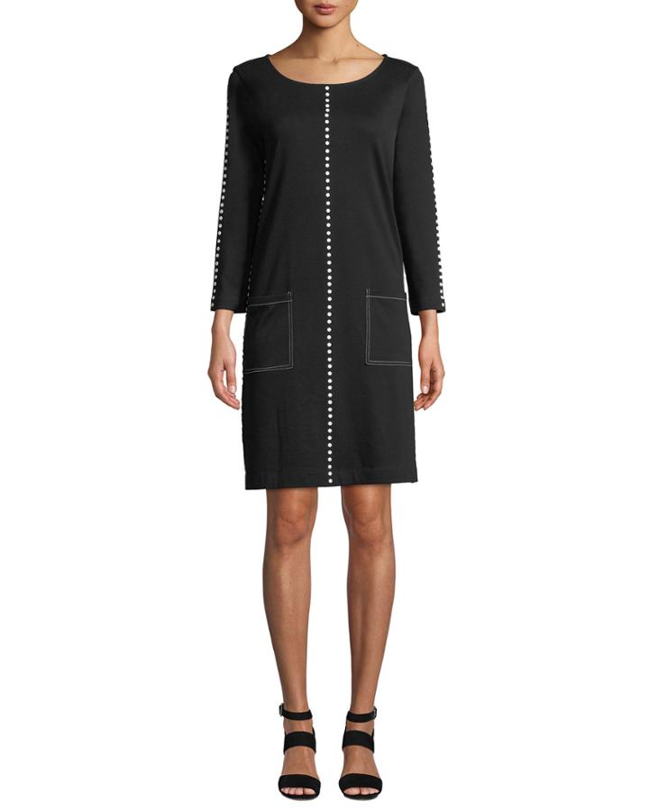 Petite Scoop-neck 3/4-sleeve Cotton Interlock Dress W/ Patch Pockets &