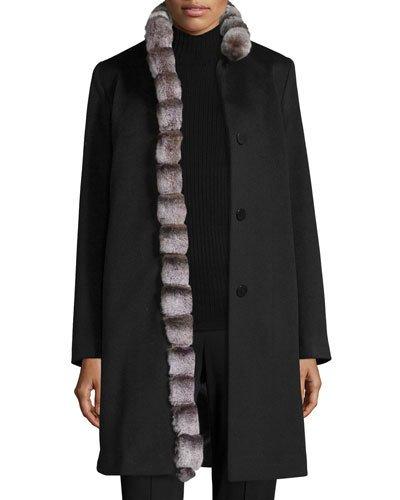 Wool Coat W/ Rabbit Fur Trim, Black