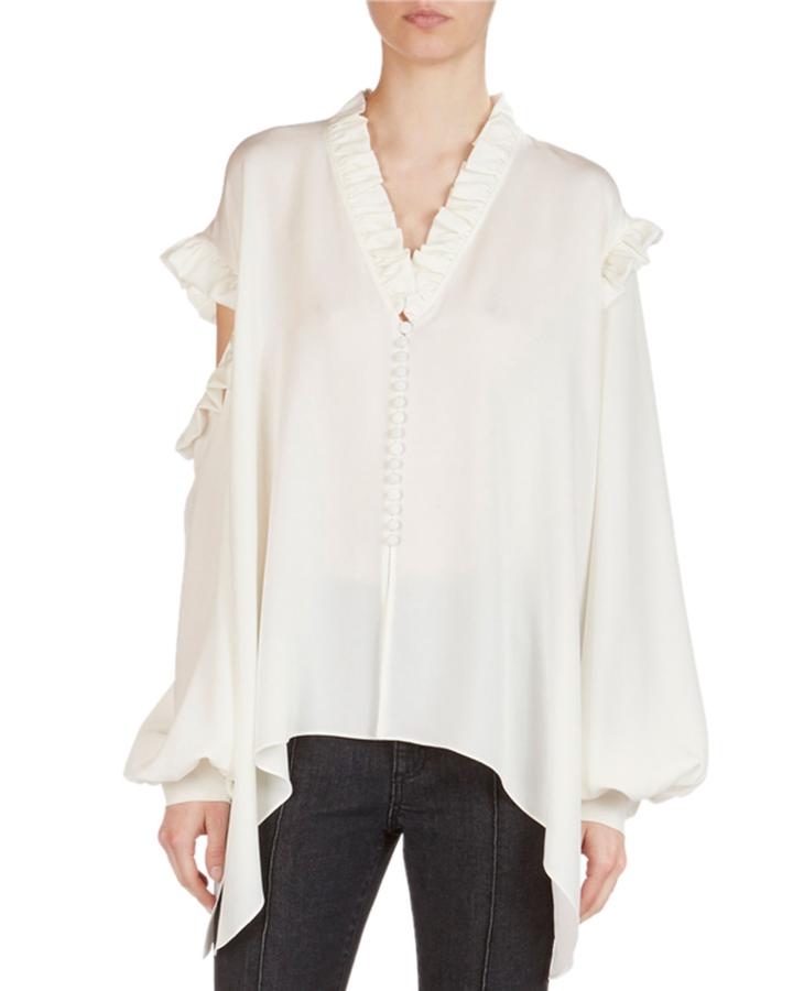 Forli Silk Split-shoulder Ruffle Blouse