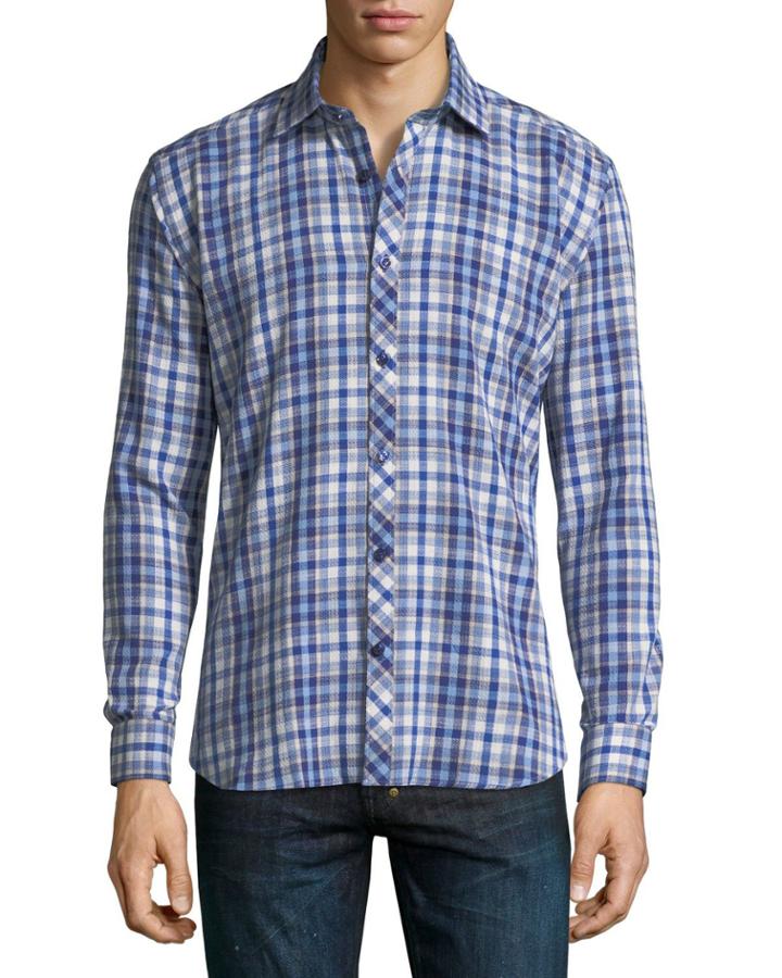 Madras-plaid Textured Sport Shirt, Blue/white