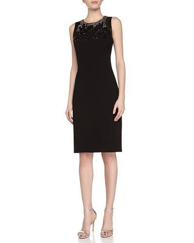 Sleeveless Beaded Halter Sheath Dress, Black