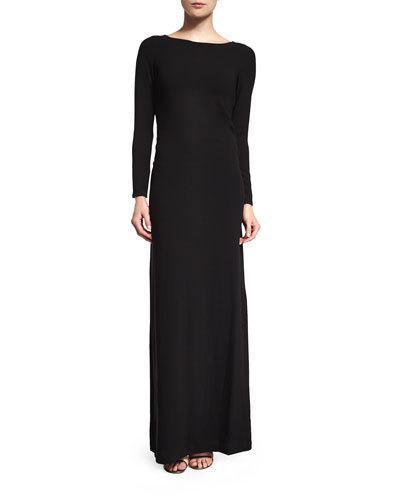 Bateau-neck Embellished-back Gown, Black