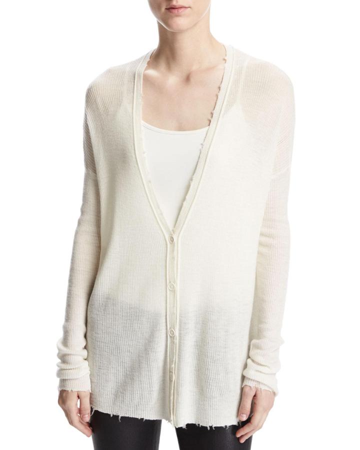 Lightweight Frayed Wool Cardigan, White