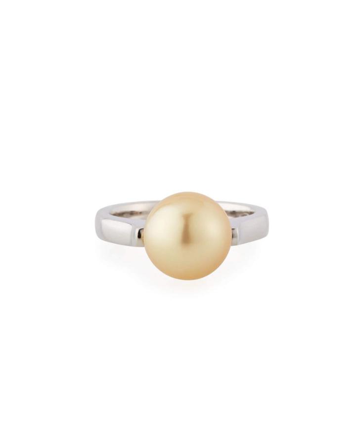 Golden South Sea Pearl Ring In 14k White Gold,