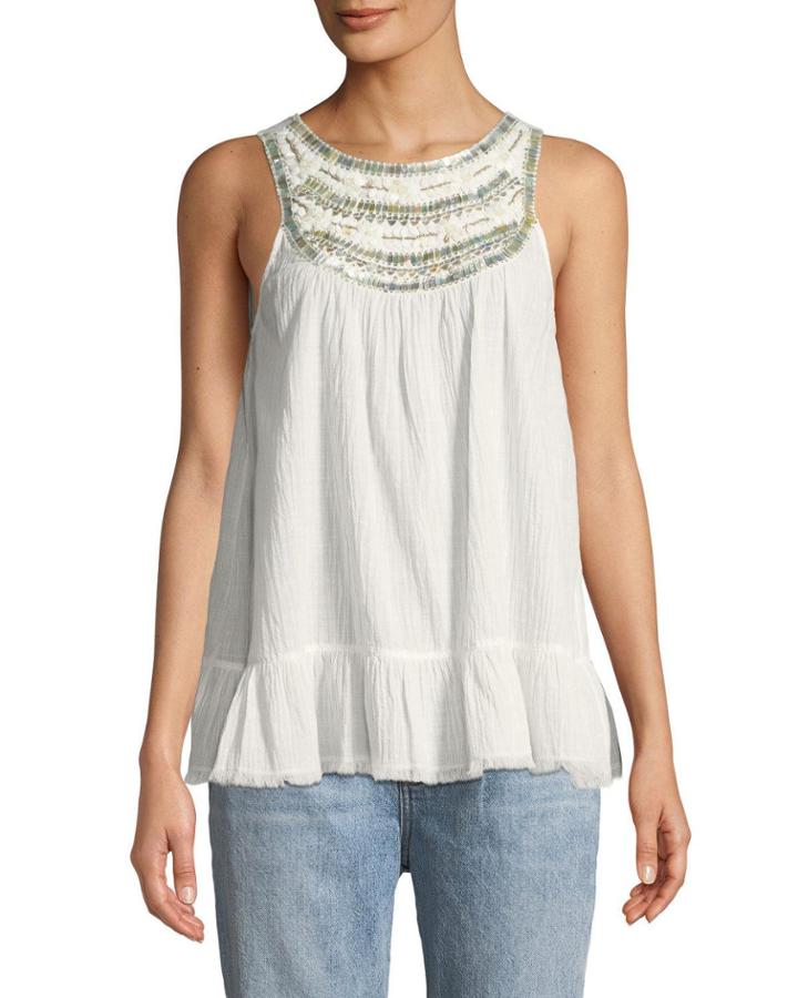 Beaded Yoke Sleeveless Blouse