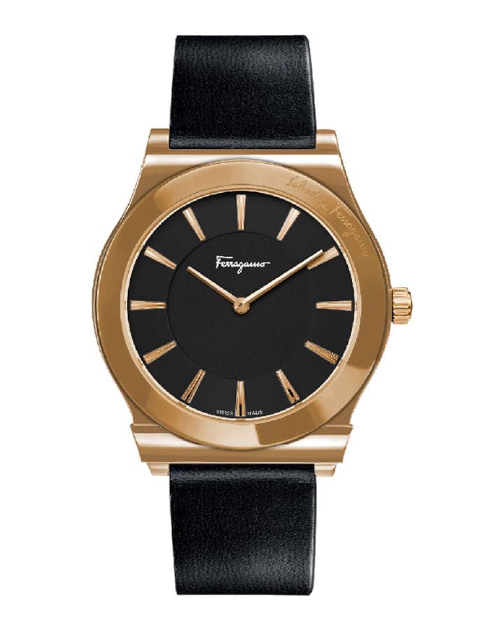 Men's 41mm Guilloche Watch With Leather Strap, Black/rose Gold