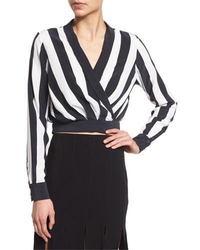 Long-sleeve V-neck Striped Crop Top,