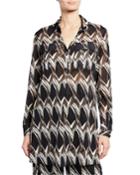 Abstract Floral Tile-print Button-down Long-sleeve Georgette Tunic