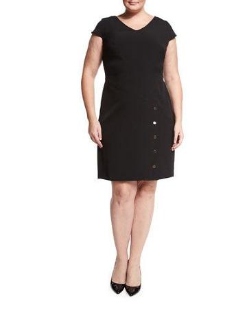 Cap-sleeve Snap-detail Dress, Black,