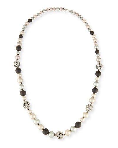 Crystal-encrusted Mosaic Lace Necklace, Black/white,