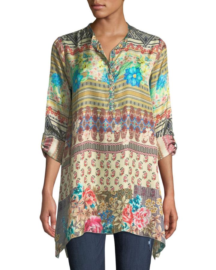 Biza Printed Silk Half-button Blouse