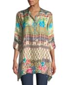 Biza Printed Silk Half-button Blouse