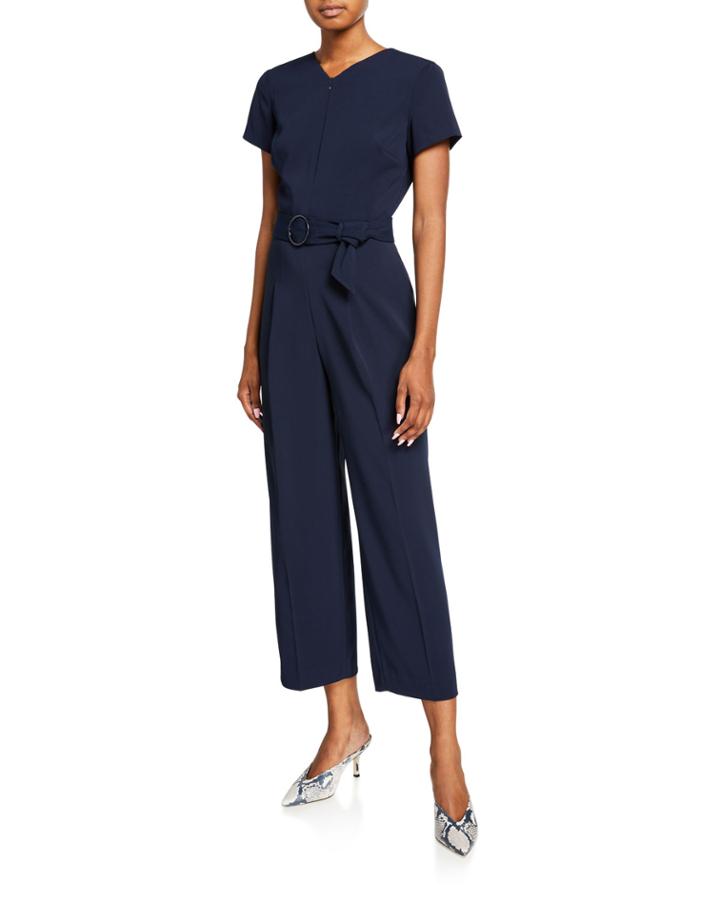 Zip-front Belted Short-sleeve Jumpsuit