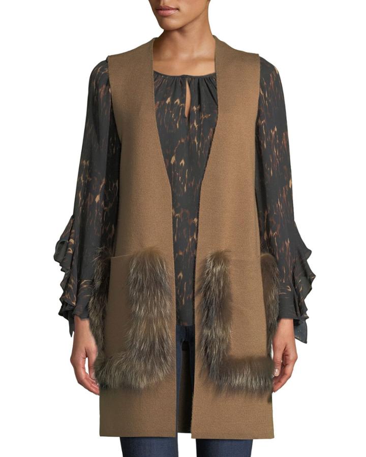 Rosena Wool-blend Sweater Vest W/ Fur Pockets