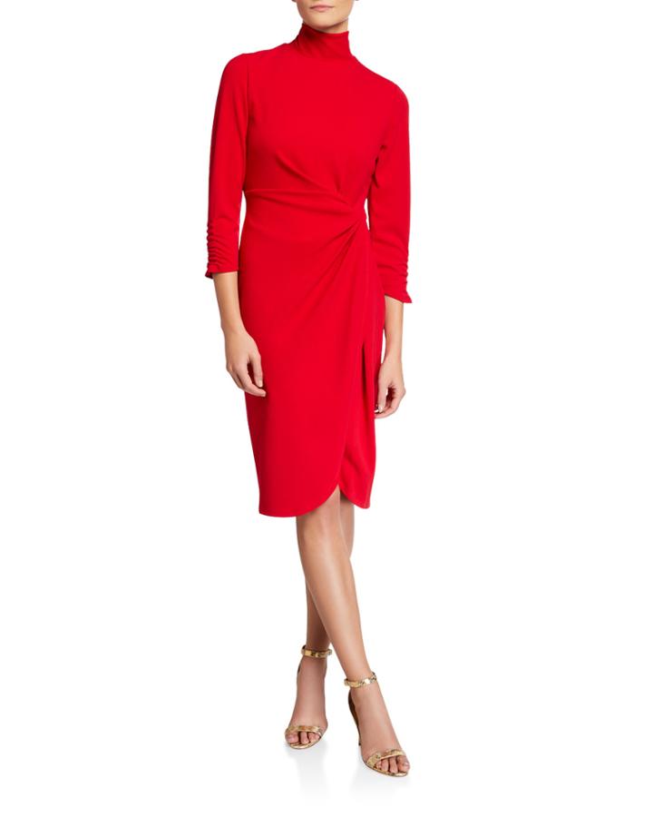 Long-sleeve Stretch Crepe Mock-neck Dress