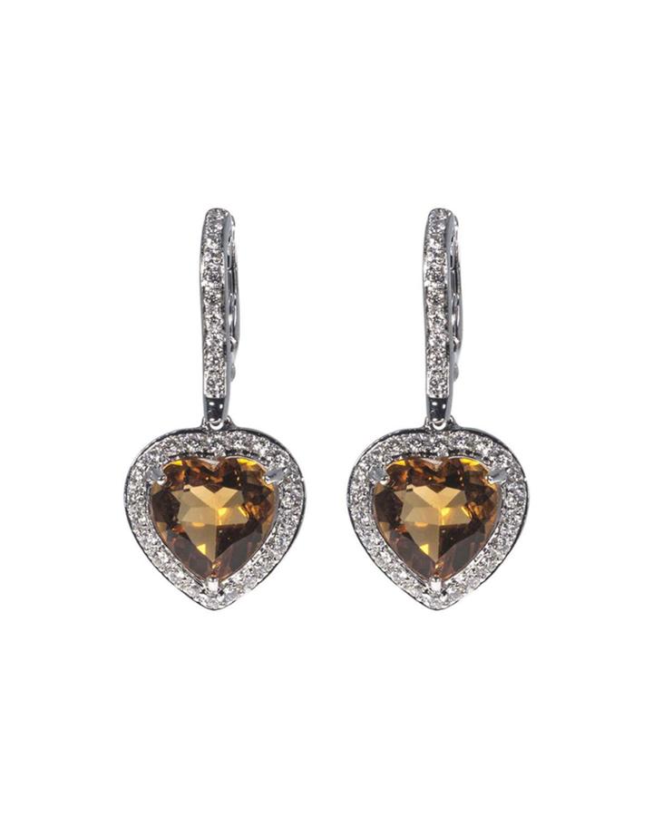 18k White Gold Diamond-trim Citrine Heart-drop Earrings