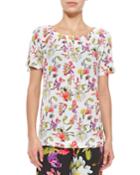 Escada Floral Silk Pleat-neck Tee, Women's, Size: 38 De (8 Us), Off White