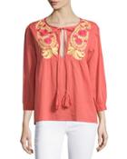 Long-sleeve Embroidered Peasant Tunic, Coral