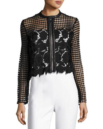 Floral-lace Zip-front Jacket, Black